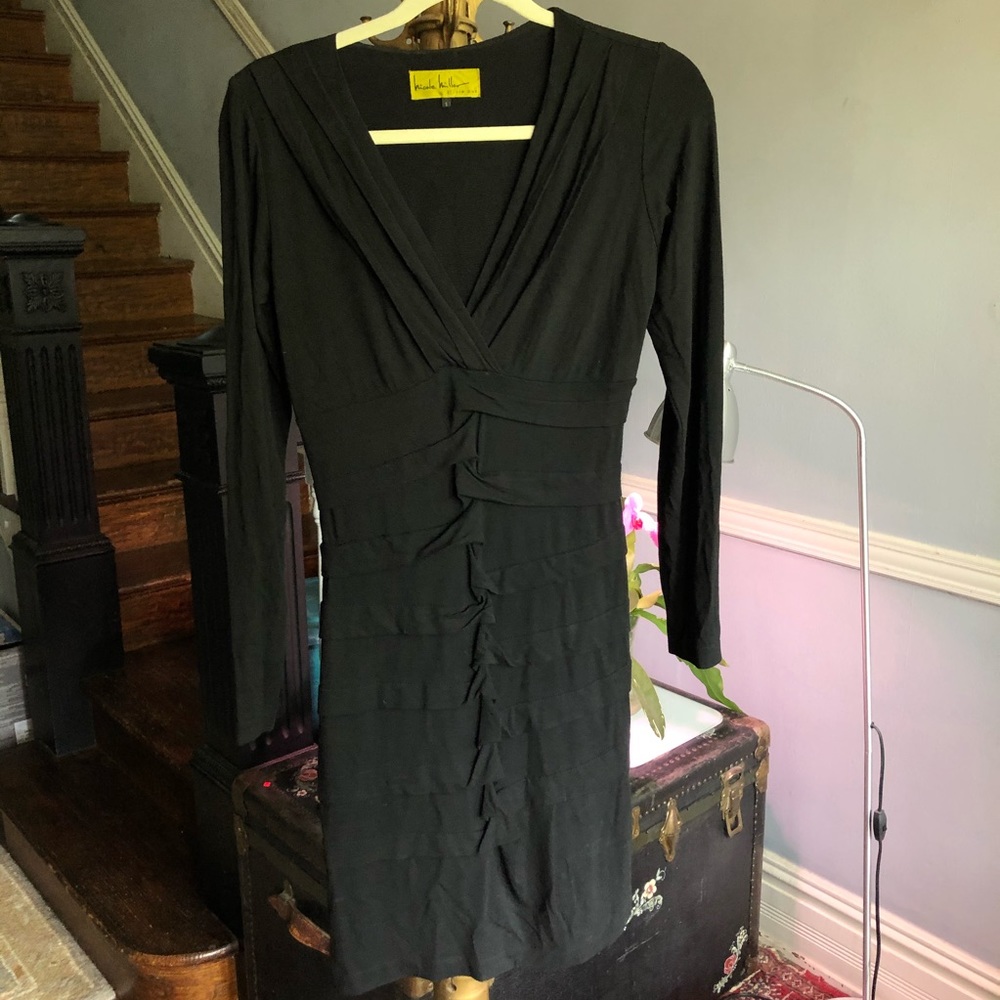 Nicole Miller Back Cotton Dress w/ Pleat Details